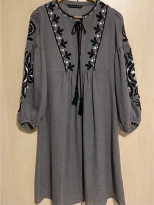 ZARA Boho Midi Dress with Embroidery, Grey Anthracite