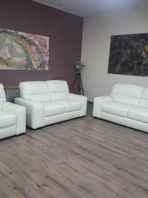 Leather sofa set three-seater, two-seater and armchair light cream new