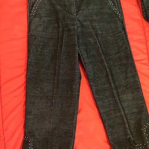 Corduroy suit used, blue-black with thin stripe, crop pants