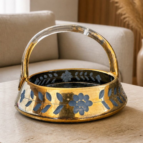 Bohemian amber glass basket used with gold encrusted floral decoration