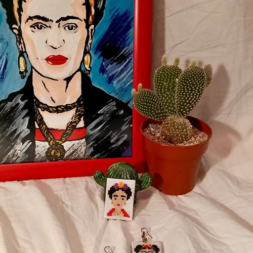 Handmade earrings and brooch Frida cross-stitch embroidery like new