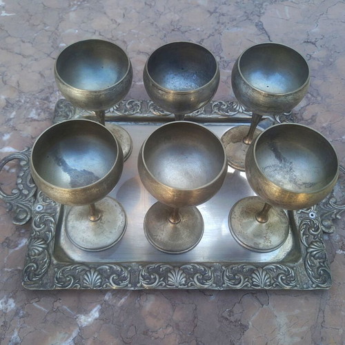 Silver-plated liqueur set used, 7 pieces vintage antique