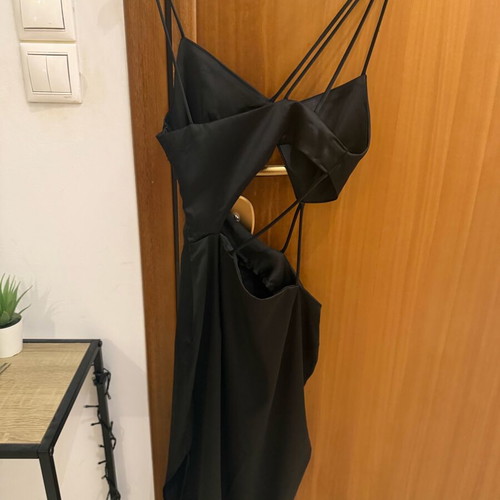 Satin dress Zara XS like new, black with cut out and slit