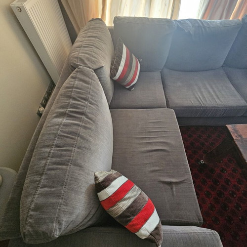 Corner sofa used, solid beech wood, gray, with ottoman extension