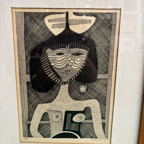 Old woodcut used, numbered 27/300, framed 39x31 cm