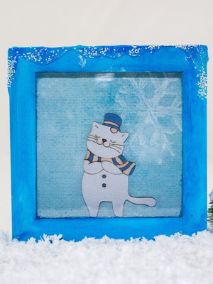 Χριστουγεννιάτικο ξύλινο κάδρο τρισδιάστατο με γατούλα και εφέ πάγου