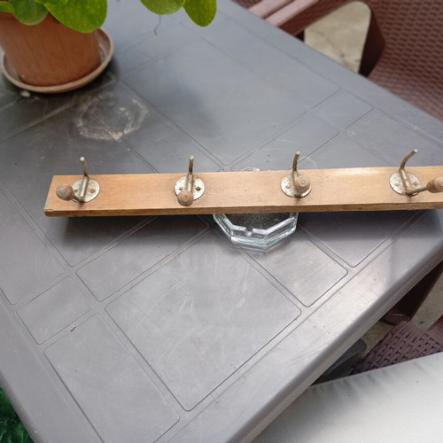 Retro wall coat rack used, authentic vintage style with 4 metal hooks
