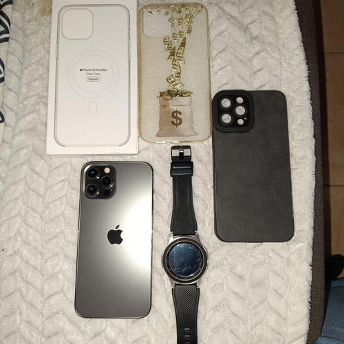 Iphone 12 Pro Max used 128GB with Galaxy Watch and cases