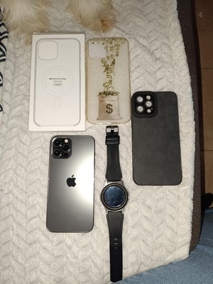 Iphone 12 Pro Max used 128GB with Galaxy Watch and cases