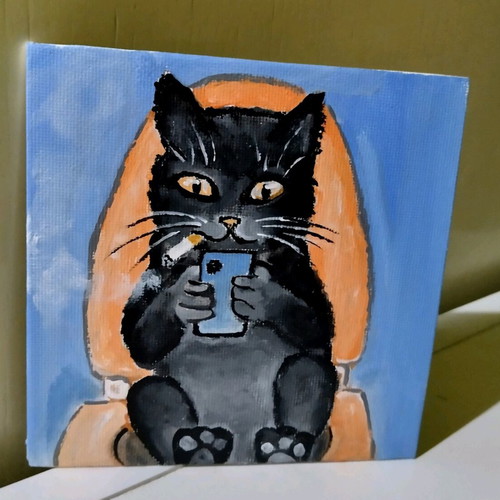 Canvas painting with cat motif new, acrylic 13×13 cm