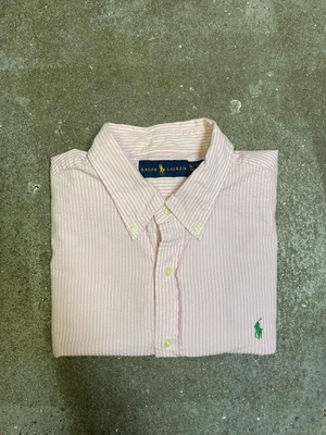 Ralph Lauren Oxford shirt XL, pink white pinstripe, green logo, short sleeve