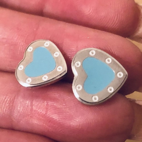 Return to Tiffany heart earrings silver with blue enamel new