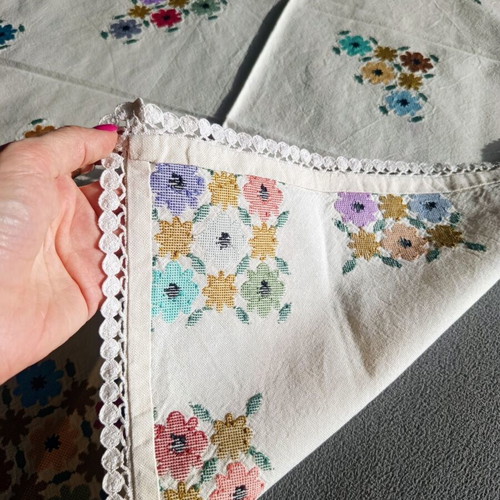Vintage handmade tablecloth with colorful embroidered flowers like new