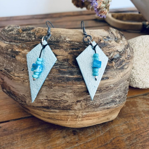 Handmade earrings with leather, new, black and turquoise