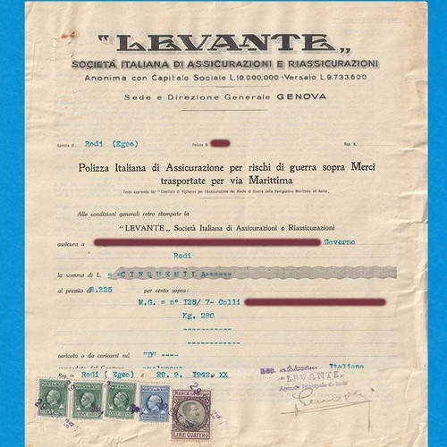 Levante insurance policy 1942 used with 5 Italian stamps