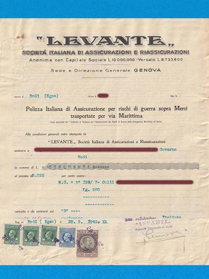 Ασφαλιστήριο Συμβόλαιο Levante 1942 μεταχειρισμένο με 5 ιταλικά χαρτόσημα