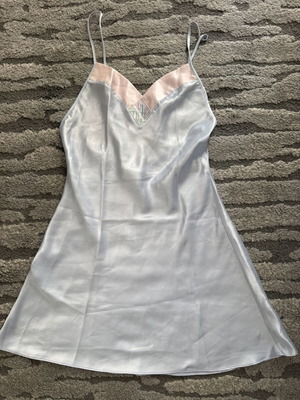 Val Modes vintage satin lingerie slip used, light blue with pink details