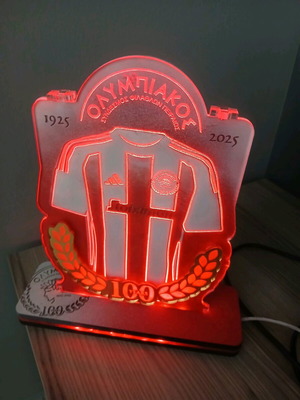 Olympiakos LED lamp like new with wooden base and plexiglass