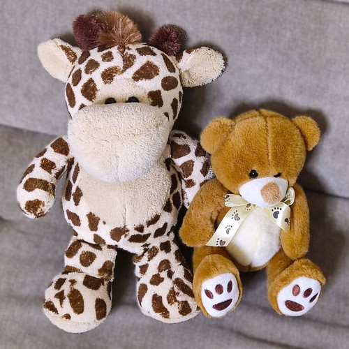 Set of 2 plush toys like new, giraffe 28cm and teddy bear 16cm