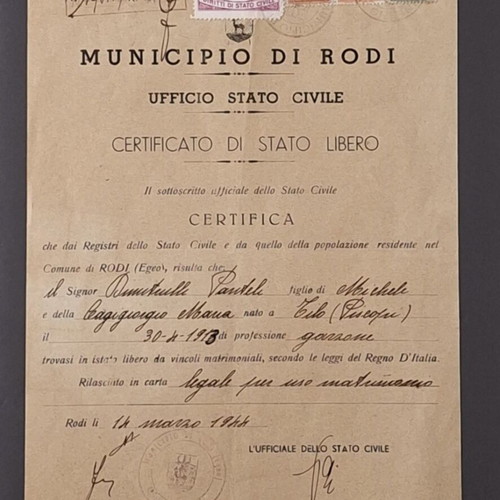 Certificate of Celibacy from Rhodes, 1944, Italian Occupation