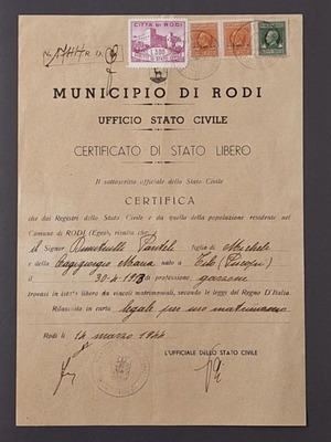 Certificate of Celibacy from Rhodes, 1944, Italian Occupation