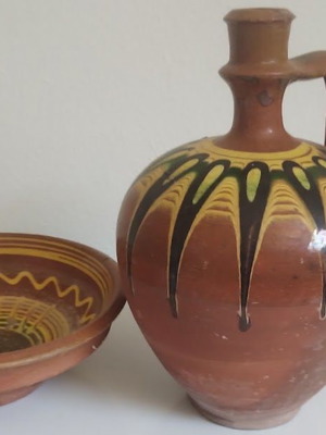 Old Terracotta Jug and Bowl Set used, traditional handmade ceramics