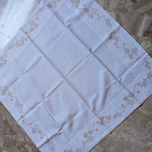 White square embroidered tablecloth with beige and gold leaf motifs, like new