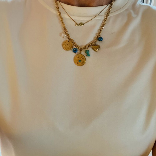 Boho ethnic gold-plated necklace with turquoise and evil eye charms new