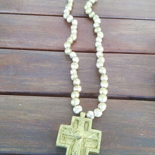 Chest Cross like new, gold-painted with wooden carved cross and prayer rope