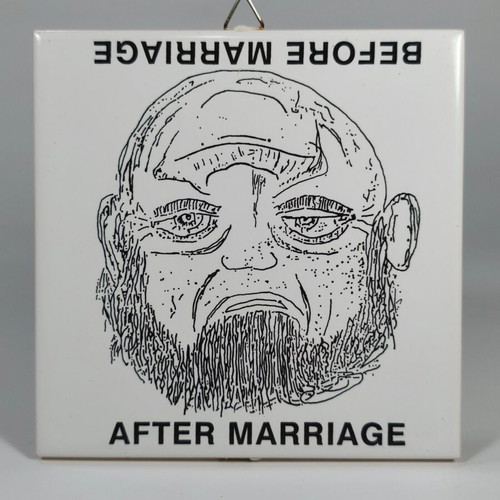 Vintage Greek porcelain decorative tile Before and After Marriage used