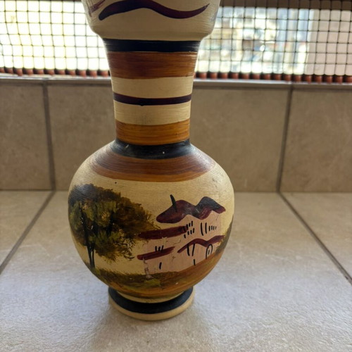 Vintage Handmade Clay Vase with Hand-Painted Landscape used