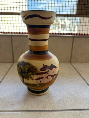 Vintage Handmade Clay Vase with Hand-Painted Landscape used