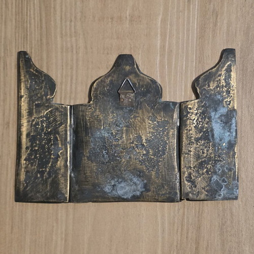 Orthodox cast bronze triptych icon, folk art