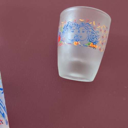 Glass carafe for tsipouro with two shot glasses, unused, Stathopoulos design