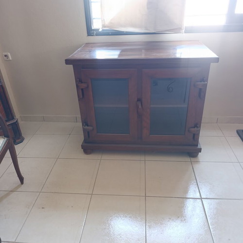 Wooden rustic buffet cabinet with glass doors, solid wood