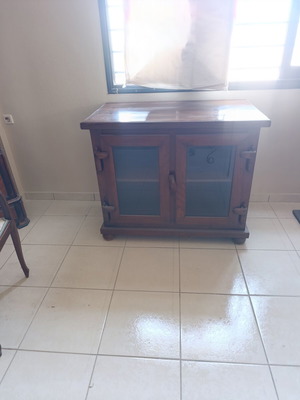 Rustic wooden buffet cabinet with glass doors, solid wood