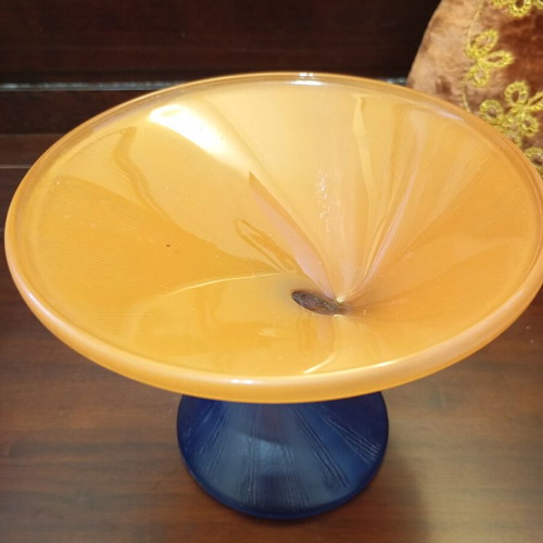 Vintage frosted glass set with blue and orange bottle and martini bowl like new