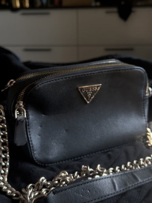 Guess black crossbody bag used with chain and gold details