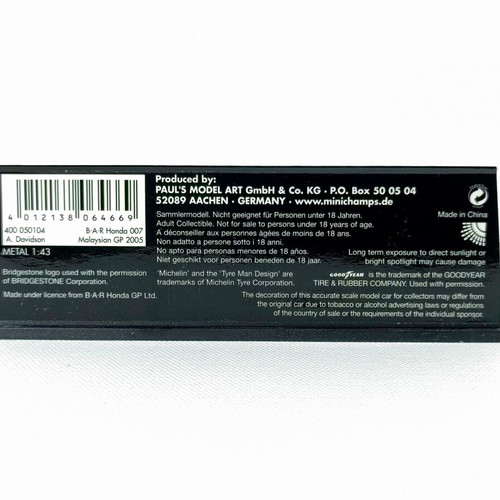Minichamps B-A-R Honda 007 Malaysian GP 2005 1:43 scale model