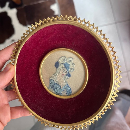 Needlepoint portraits set vintage, brass ornate frames, rococo style