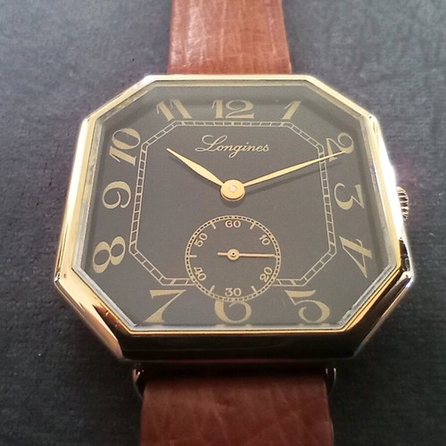 Vintage Longines Octagon watch from the 1970s like new, gold and black
