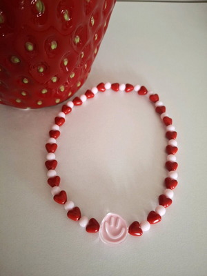 Smile Handmade Necklace with Pink and Red Beads and Elastic Cord