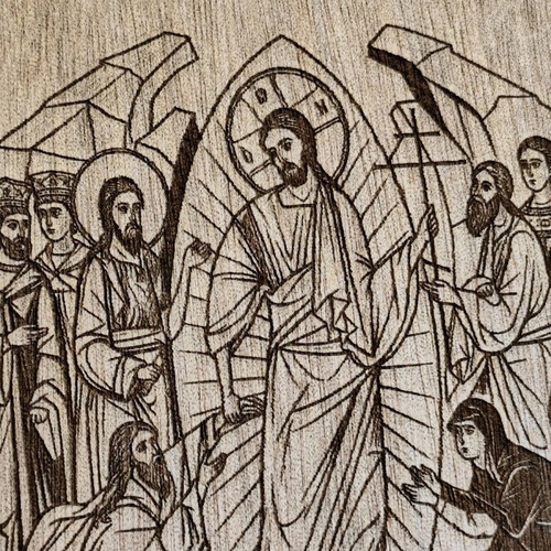Wooden table icon of the Resurrection new with carved frame and angel wings