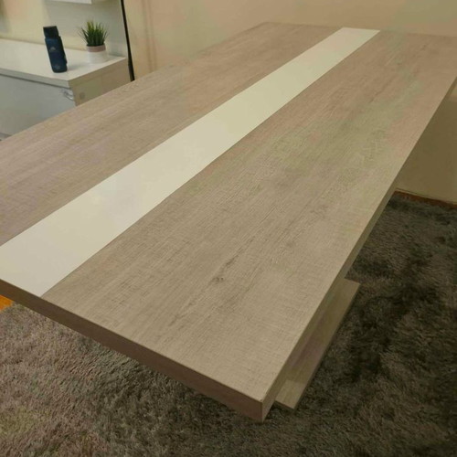 Dining table, melamine, grey-beige with white