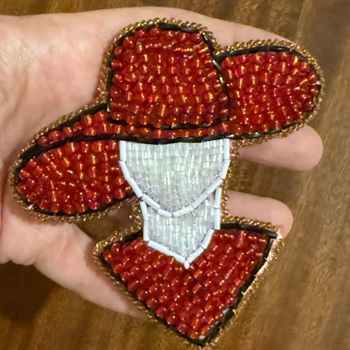 Handmade brooch with beads in white and red colors, new