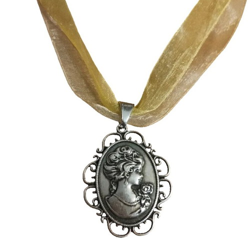 Cameo pendant with double transparent ribbon like new, silver 925 clasp