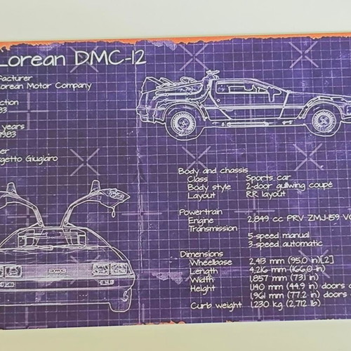 DeLorean DMC-12 blueprint metal sign like new