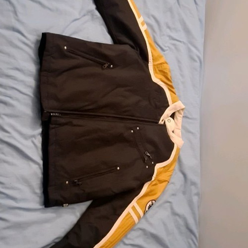 Biker jacket used, black with yellow details, men's L