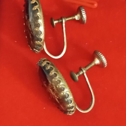 Antique bronze earrings with painted glass, used