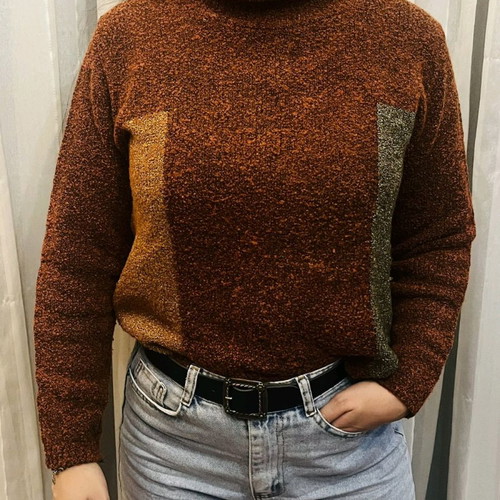 Brown sweater with subtle side colors, warm